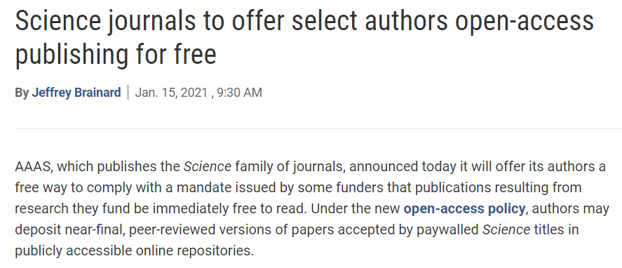 Science出台新政，旗下部分期刊论文立即收费，无需作家付费