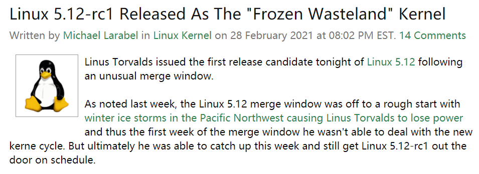 暴雪也没拦住的新版本：Linux之父家中停电6天，「冰冻荒原」版Linux内核还是来了